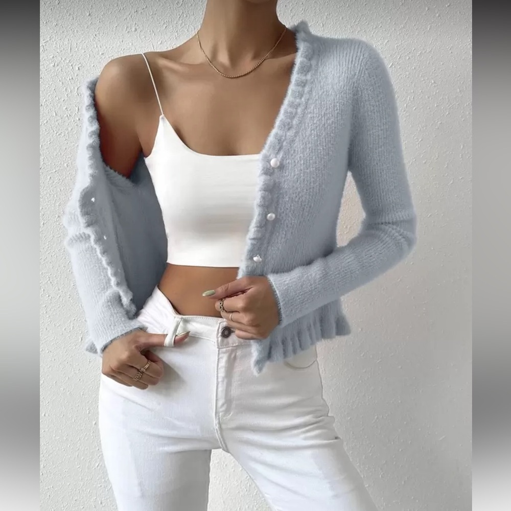 Soft Knit V-Neck Cardigan - Light Blue - Picture 7 of 7